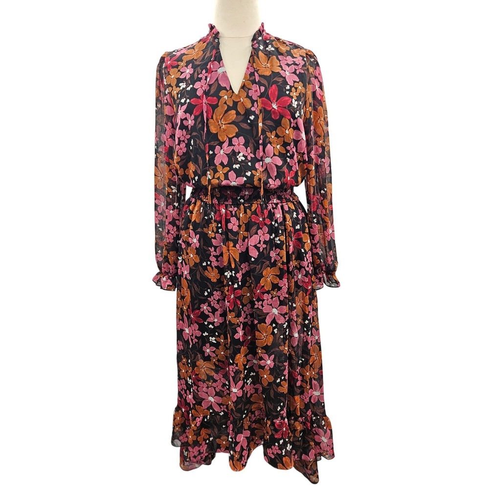 Premier Amour Floral‎ Smocked Waist High-Low Midi Dress Black Pink Orange Sz 16